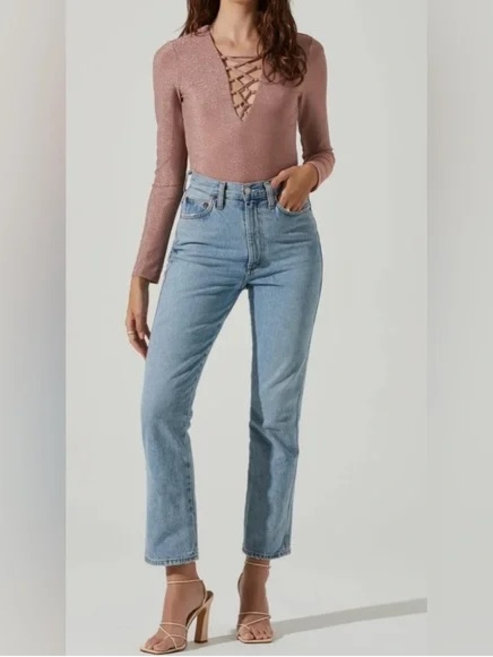 ASTR The Label Pink Shimmer Long Sleeve Lace Up Bodysuit Small